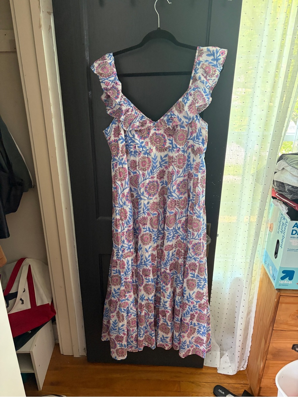 J. Crew White Midi Dress with Blue and Pink Floral Print Size Large